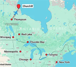 Map showing charter flight routes from Thompson to Churchill Manitoba